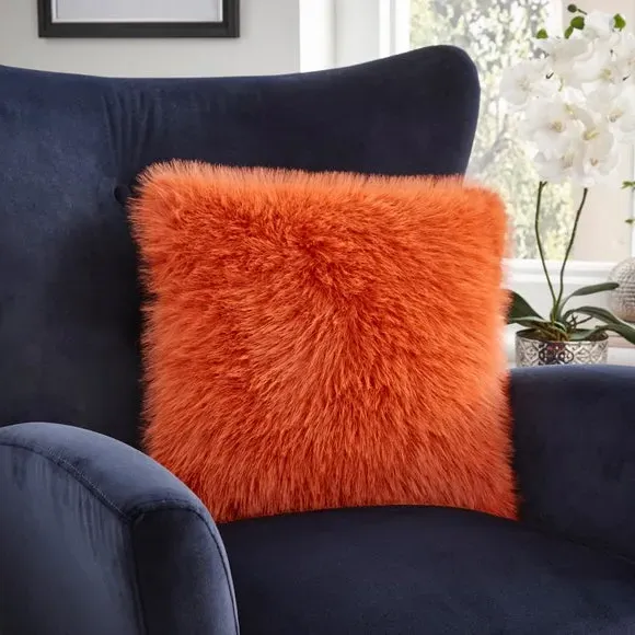 Cushion Cover with Faux Fur - Orange, Polyester