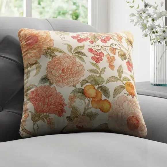 Cushion Cover with Floral Design - Orange, Cotton image