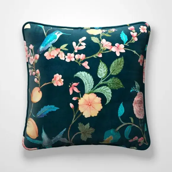 Cushion Cover with Floral Design - Teal, Polyester