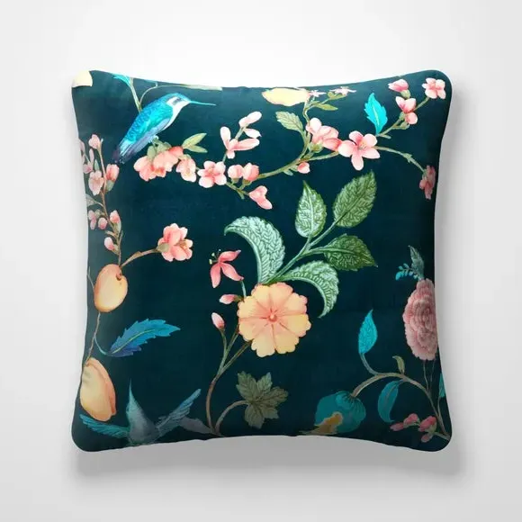 Cushion Cover with Floral Design - Teal, Polyester