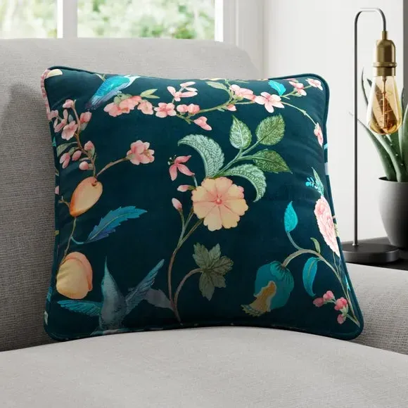 Cushion Cover with Floral Design - Teal, Polyester