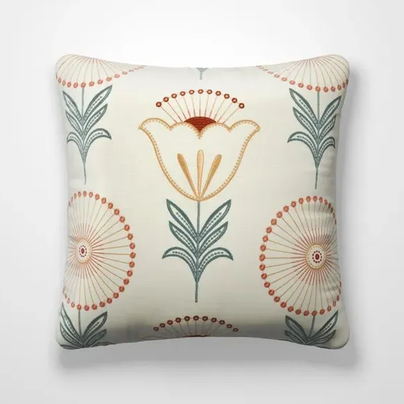 Cushion Cover with Floral Embroidery - Teal