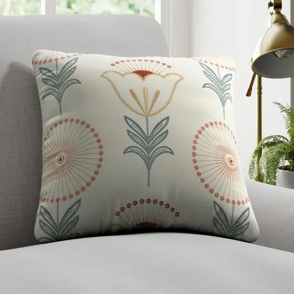 Cushion Cover with Floral Embroidery - Teal