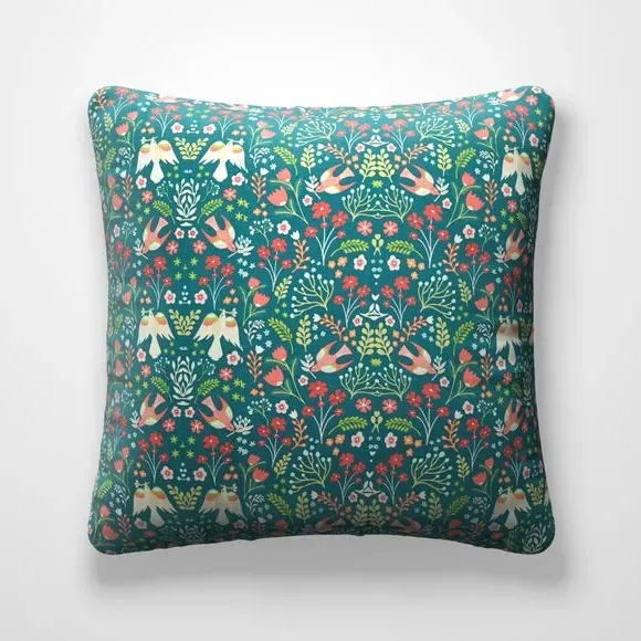 Cushion Cover with Folk Art Print - Jade, Cotton