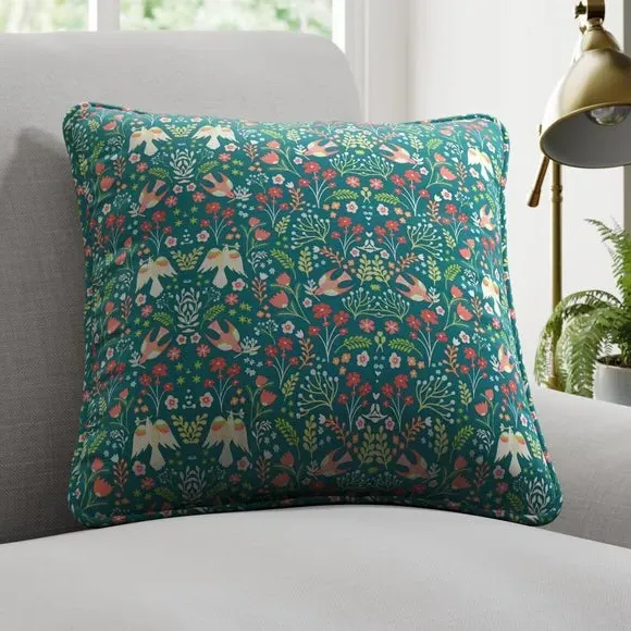 Cushion Cover with Folk Art Print - Jade, Cotton