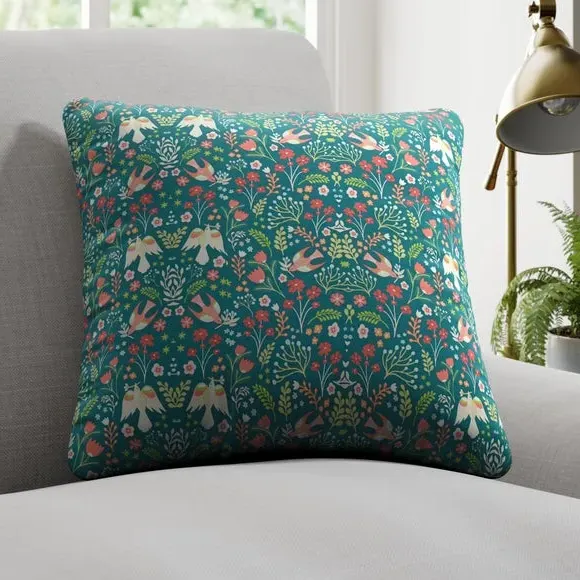 Cushion Cover with Folk Art Print - Jade, Cotton image