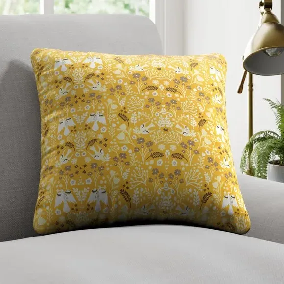 Cushion Cover with Folk Art Print - Ochre, Cotton