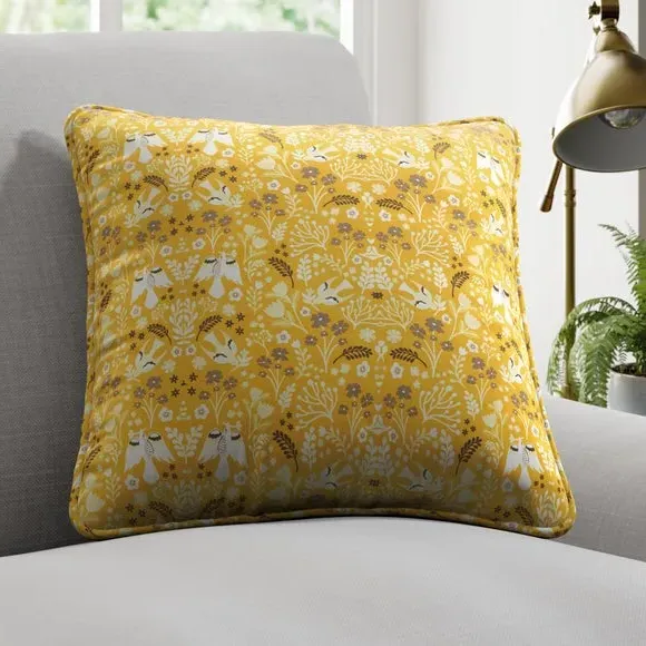 Cushion Cover with Folk Art Print - Ochre, Cotton