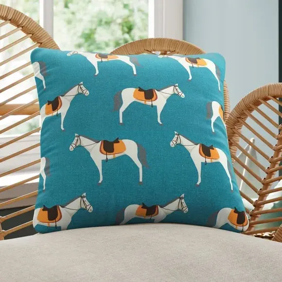 Cushion Cover with Horse Design - Jade, Cotton