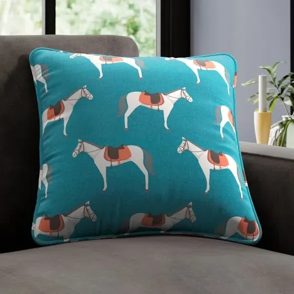 Cushion Cover with Horse Design - Jade, Cotton