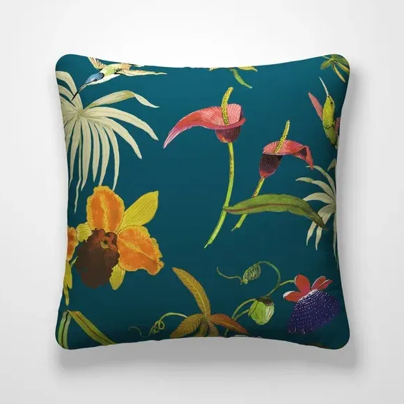 Cushion Cover with Hummingbird Print - Teal, Velvet