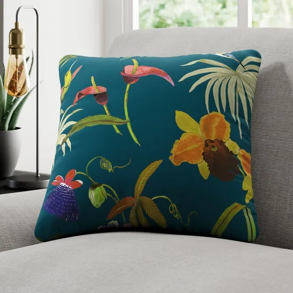 Cushion Cover with Hummingbird Print - Teal, Velvet image