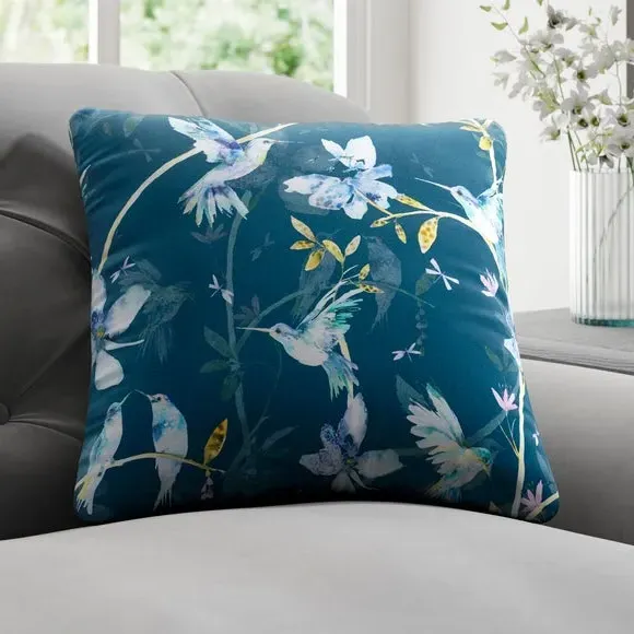 Cushion Cover with Hummingbird Print - Teal, Velvet image