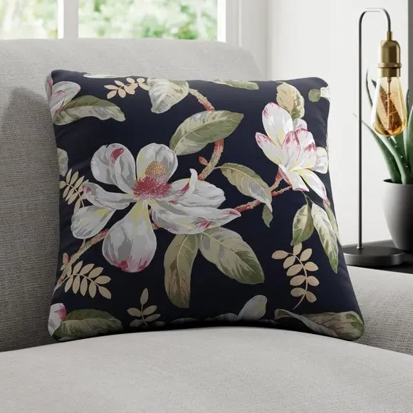 Cushion Cover with Magnolia Print - Black, Velvet image