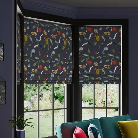 Custom Roman Blind with Cockatoo Print - Ink