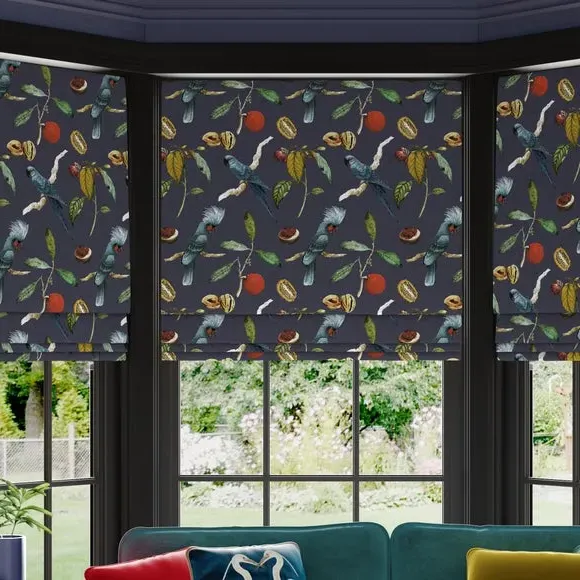 Custom Roman Blind with Cockatoo Print - Ink