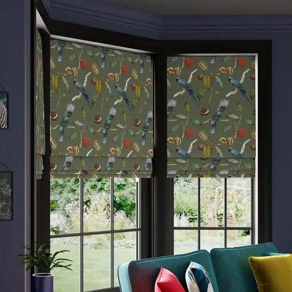 Custom Roman Blind with Cockatoo Print - Olive