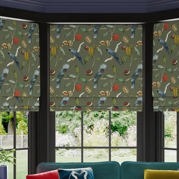 Custom Roman Blind with Cockatoo Print - Olive