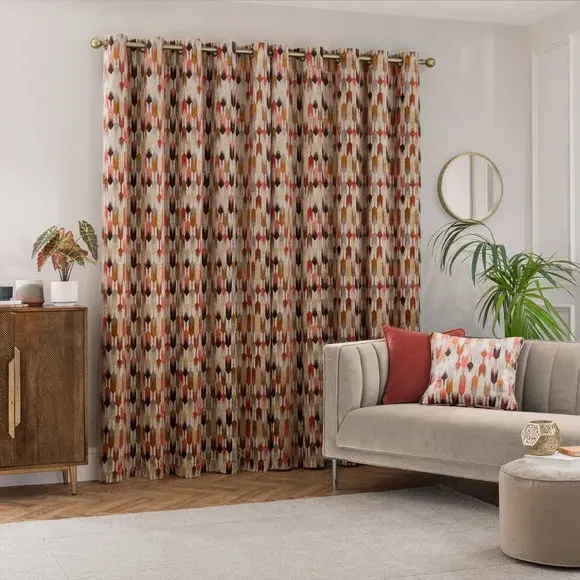 Cut Velvet Eyelet Curtains - Coral, Polyester