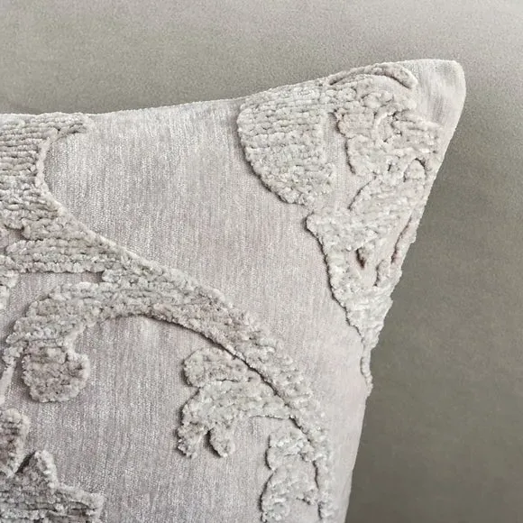 Damask Cushion with Embroidery - Natural, Chenille
