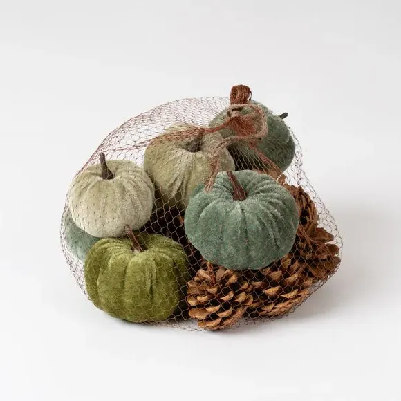 Decorative Pumpkin Set with Pinecones - Blue, Velvet