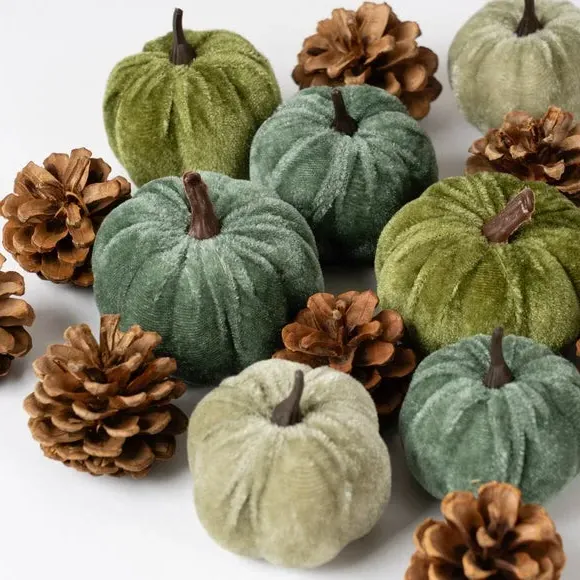 Decorative Pumpkin Set with Pinecones - Blue, Velvet