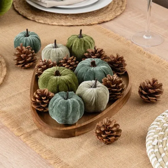 Decorative Pumpkin Set with Pinecones - Blue, Velvet image