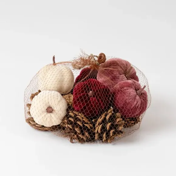 Decorative Pumpkin Set with Pinecones - Pink, Velvet
