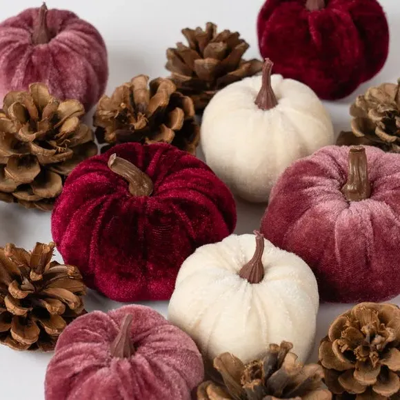 Decorative Pumpkin Set with Pinecones - Pink, Velvet