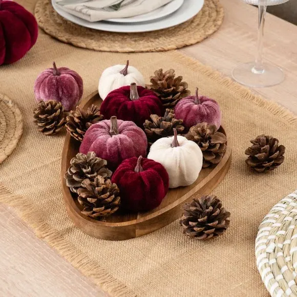 Decorative Pumpkin Set with Pinecones - Pink, Velvet