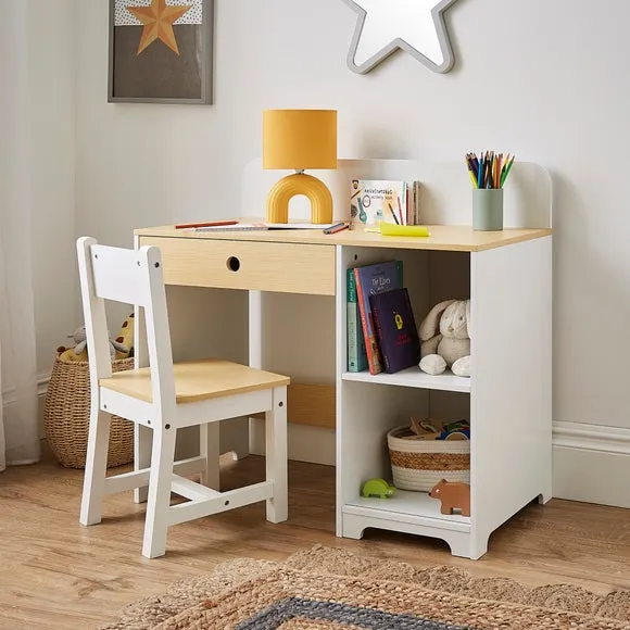Desk and Chair Set with Storage - White, MDF Wood