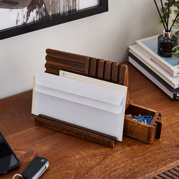 Desk Organiser with Drawer - Brown, Mango Wood