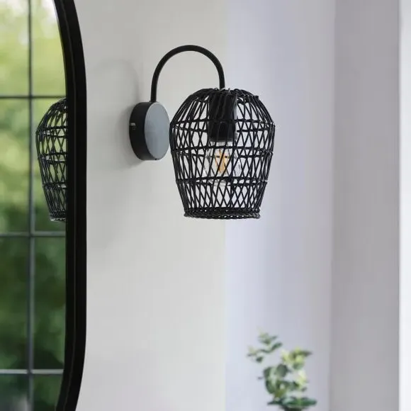 Dimmable Wall Light - Black, Faux Rattan