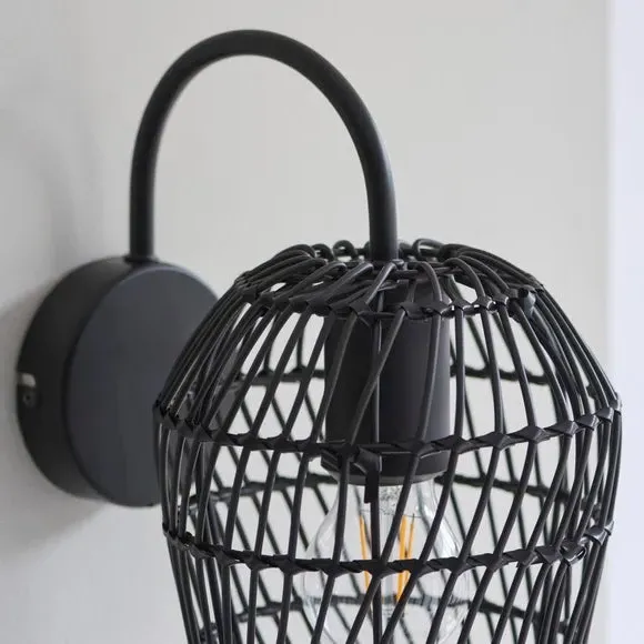Dimmable Wall Light - Black, Faux Rattan