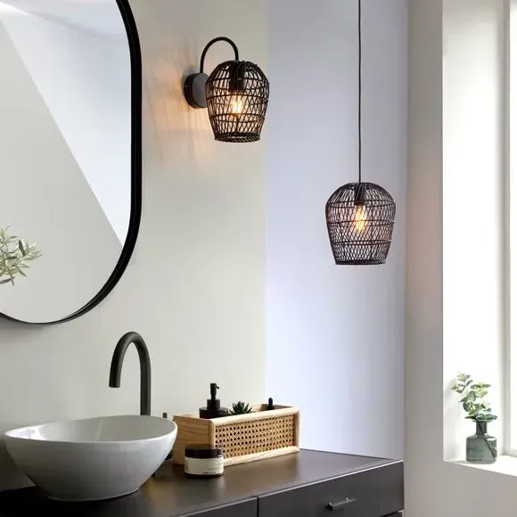 Dimmable Wall Light - Black, Faux Rattan