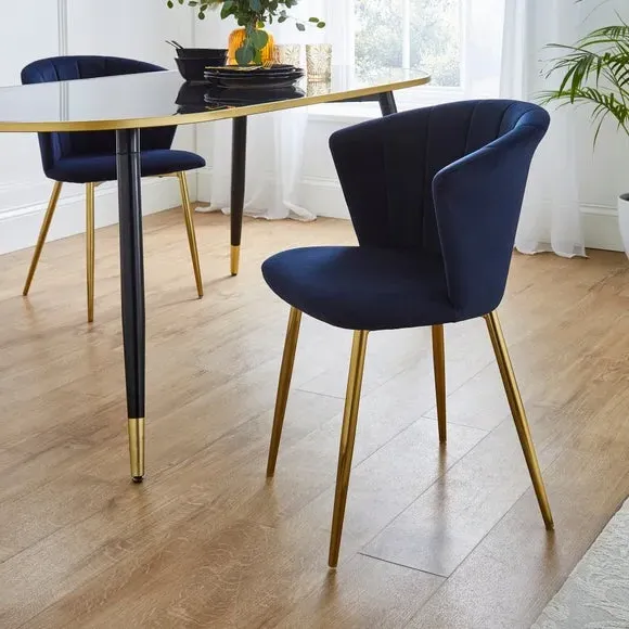 Dining Chair with Pleated Back - Blue, Velvet