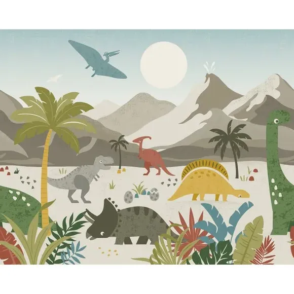 Dino Walk Wall Mural - Green, Non-Woven