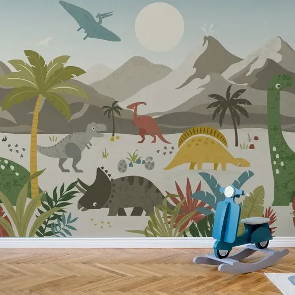 Dino Walk Wall Mural - Green, Non-Woven image