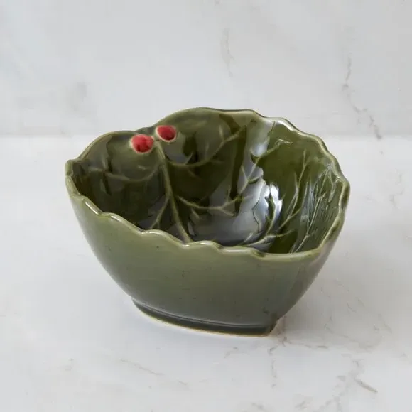 Dip Bowl with Holly Design - Green, Stoneware