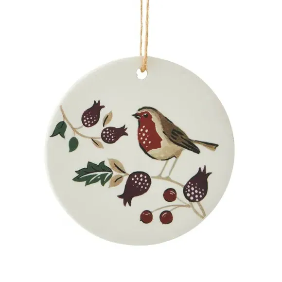 Disc Hanging Decoration Robin Design - Cream Ceramic