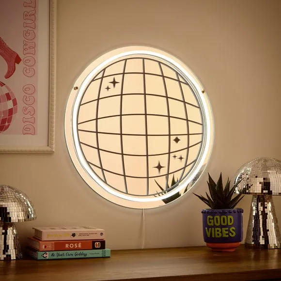 Disco Ball Neon Sign with Mirror Effect - White