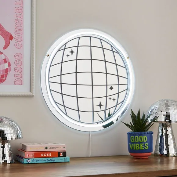 Disco Ball Neon Sign with Mirror Effect - White image