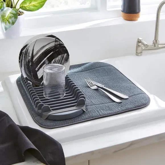 Dish Drying Mat with Rack - Grey, Microfibre