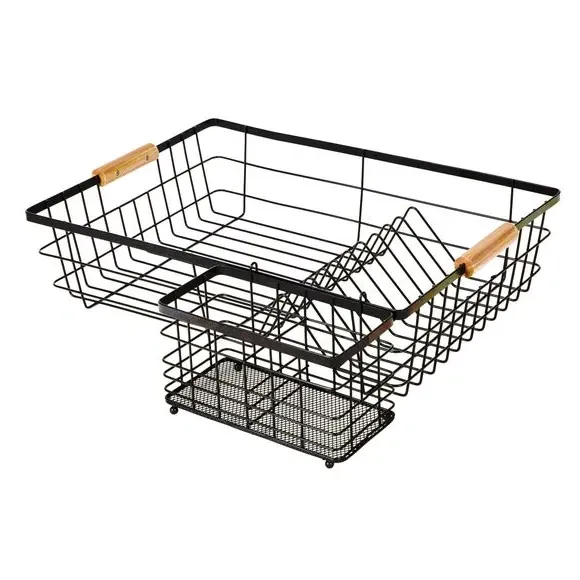 Dish Drying Rack with Bamboo Handles - Black image