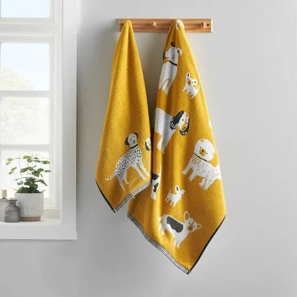 Dog Print Cotton Towel - Yellow