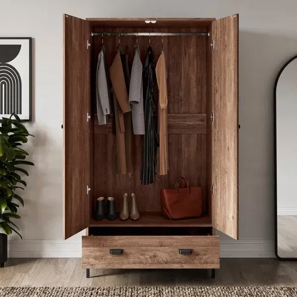 Double 1 Drawer Wardrobe - Pine, Wood Effect