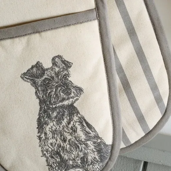 Double Oven Glove with Dog Print - Natural, Cotton