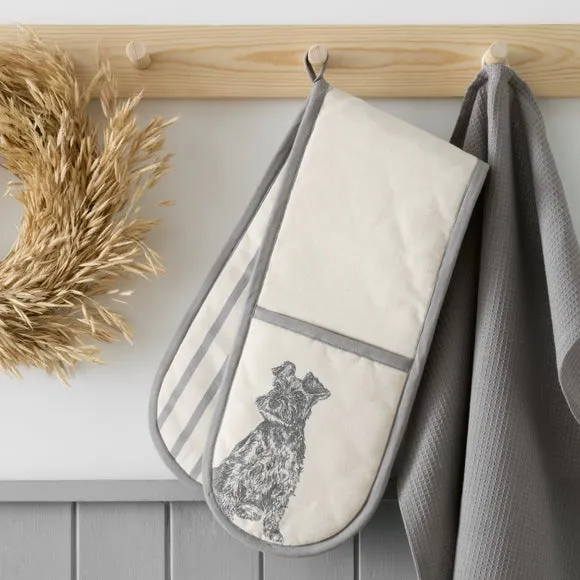 Double Oven Glove with Dog Print - Natural, Cotton image