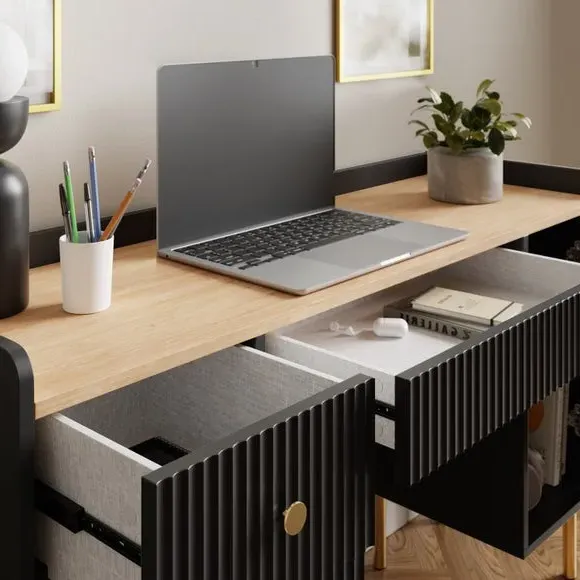 Double Pedestal Desk with Storage - Black, Wood