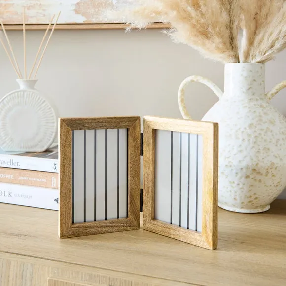 Double Photo Frame Hinged - Natural, Mango Wood